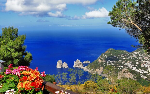 Scenic view of Capri Island with vibrant flowers and blue sea under a bright sky