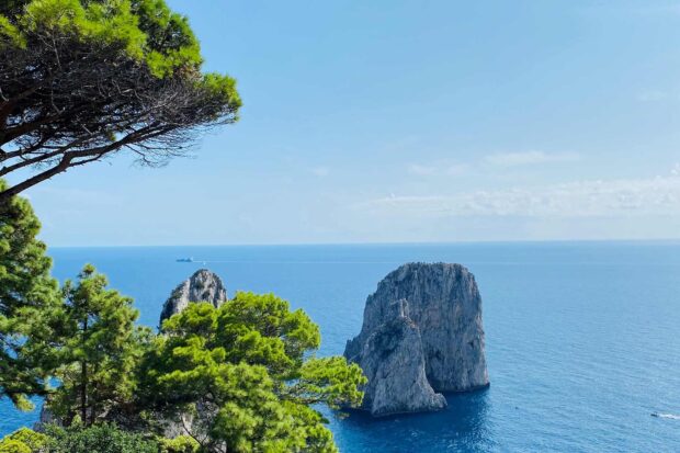 A scenic view of Capri Island with rocky cliffs and green trees surrounded by clear blue sea