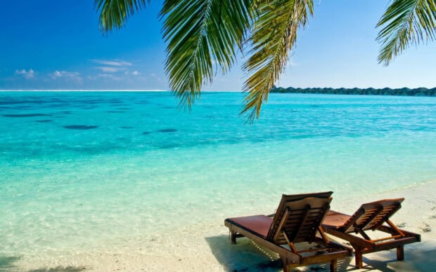 Two wooden lounge chairs by the turquoise Caribbean Sea under palm leaves on a sandy beach