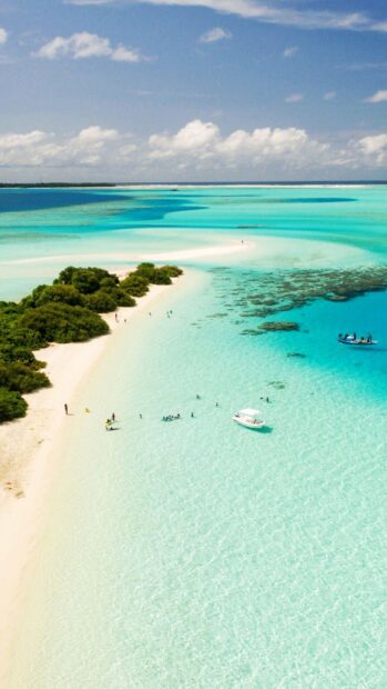 Crystal clear turquoise waters surround a tropical Caribbean Islands coastline
