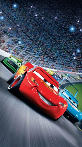 Lightning McQueen and other racing cars compete in a thrilling Cars Disney race