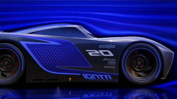 A sleek black and blue race car from Cars Disney with a modern design and glowing accents