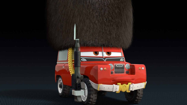 Red cartoon military car with a tall black fur hat from Cars Disney
