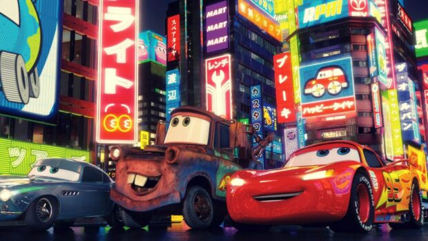 Rusty tow truck and racing cars from Cars Disney in a bright cityscape with neon signs