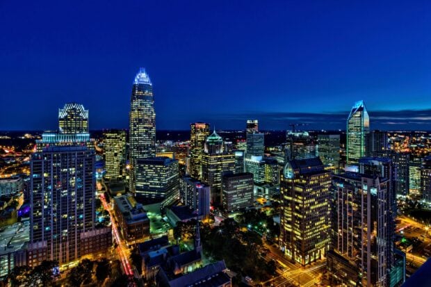 Stunning Charlotte skyline at night showcasing vibrant city lights and tall buildings