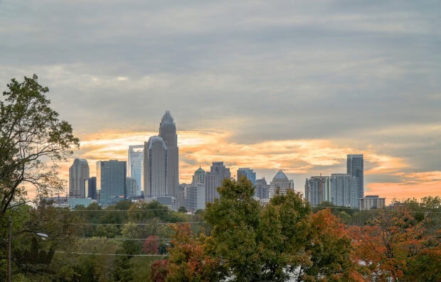 Autumn trees with Charlotte skyline in the background at sunset with cloudy sky