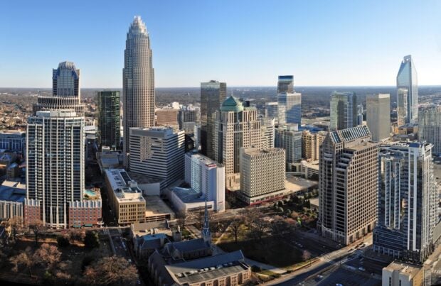 Charlotte skyline featuring modern skyscrapers and urban architecture in clear daylight