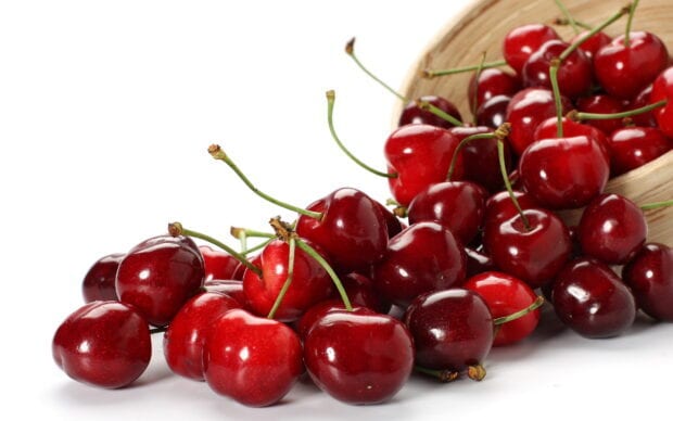 Fresh ripe cherry fruits scattered from a wooden basket on a white surface