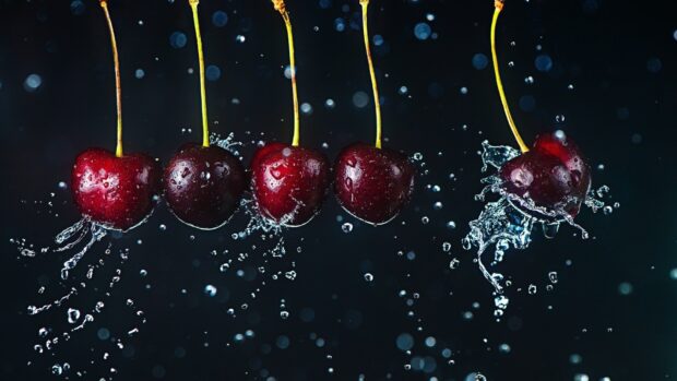 Fresh cherry fruits splashing in water with dark background