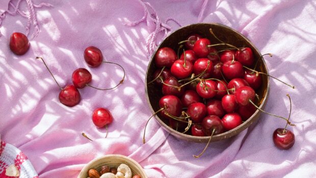 A bowl of fresh cherries resting on a purple fabric with scattered cherries nearby