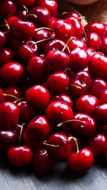 Fresh ripe cherry close up with vibrant red colors and stems