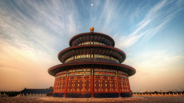 The temple of Heaven showcases classic China architecture under a vibrant sky