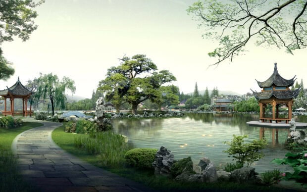 A serene Chinese garden with traditional pavilions and lush trees by the water