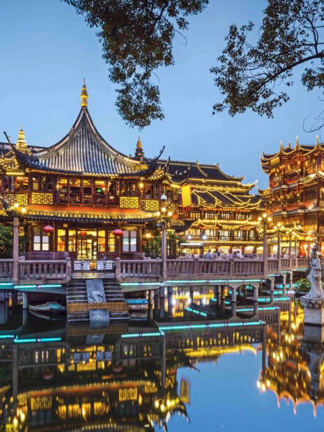 Traditional Chinese architecture reflected in water during twilight with trees in the foreground