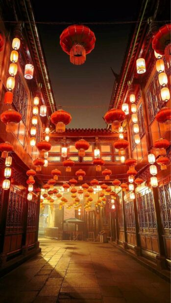 Traditional China street decorated with red lanterns at night