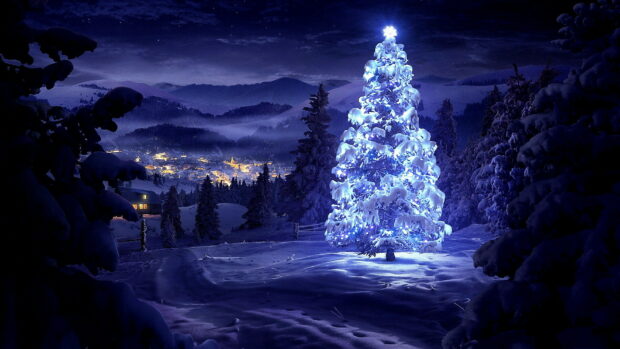 A snow covered Christmas tree glowing with blue lights in a peaceful winter forest scene