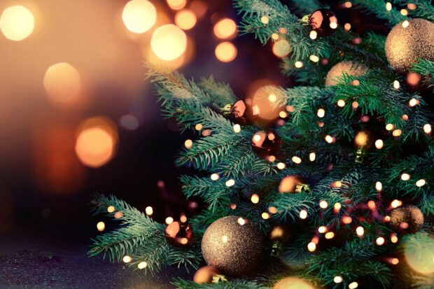 Close up of Christmas tree decorations with sparkling lights and festive ornaments