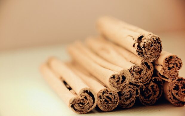 Close up view of cinnamon sticks stacked together in a pile