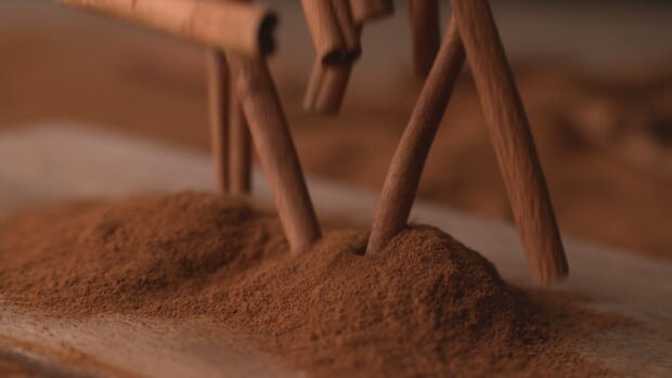 Close up of cinnamon sticks placed in cinnamon powder on a wooden surface