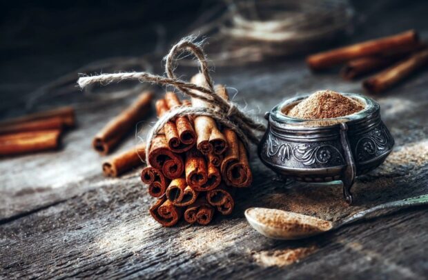 A bundle of cinnamon sticks tied with twine on a wooden surface with ground cinnamon in a decorative container