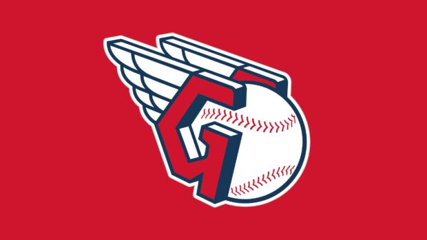 Red background with Cleveland Guardians logo featuring a winged baseball and stylized letters G and C