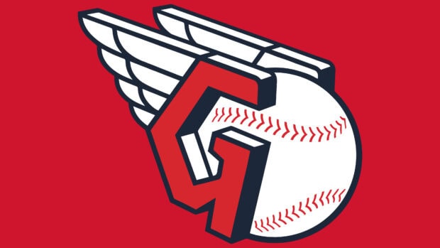The Cleveland Guardians logo with a stylized G and winged baseball on a red background