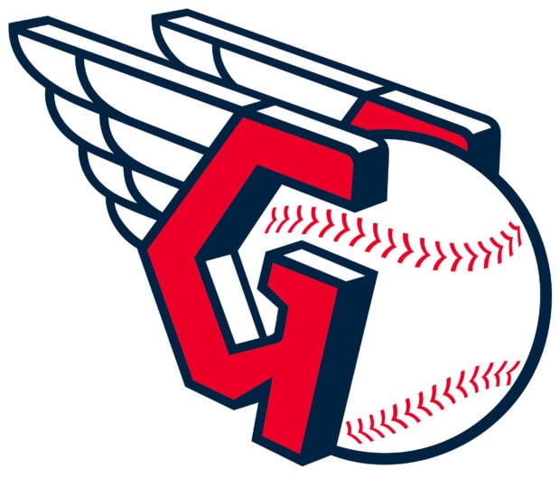 The Cleveland Guardians logo features a red letter G with a baseball and wings on a white background