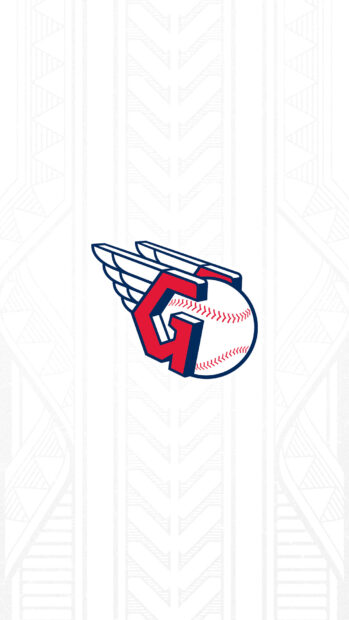 Cleveland Guardians logo with baseball and wings on a patterned white background