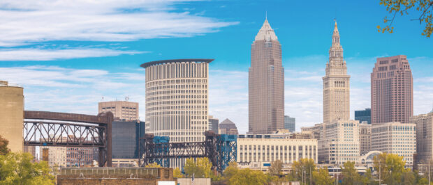 Cleveland cityscape with famous landmarks and clear blue sky in autumn