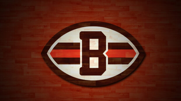 A wooden sports logo with a letter B on a red wood background in Cleveland