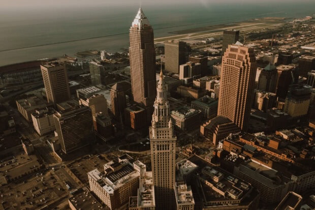 Aerial view of Cleveland skyline with Key Tower and waterfront in the background