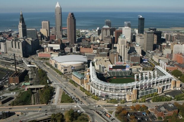 Aerial view of Cleveland skyline with the stadium and lakefront in clear weather