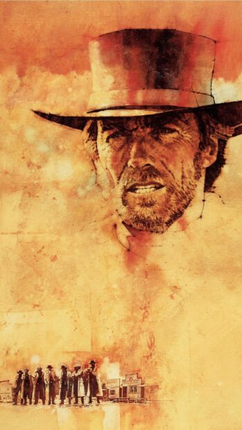 Clint Eastwood portrait with western hat and a group of cowboys in a dramatic scene