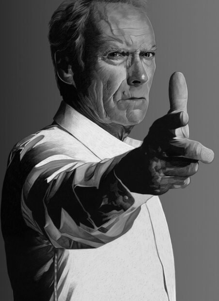 Clint Eastwood showing a serious expression while pointing forward with his hand