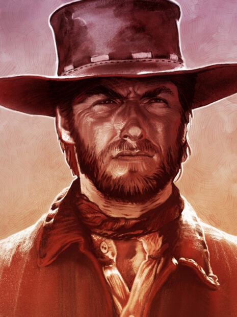 Clint Eastwood character in a cowboy hat and scarf with a serious expression