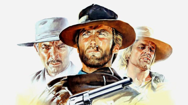 Clint Eastwood with a cigar in his mouth holding a gun in a classic western scene