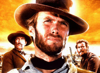 Clint Eastwood with a stern expression wearing a cowboy hat in a western battle scene