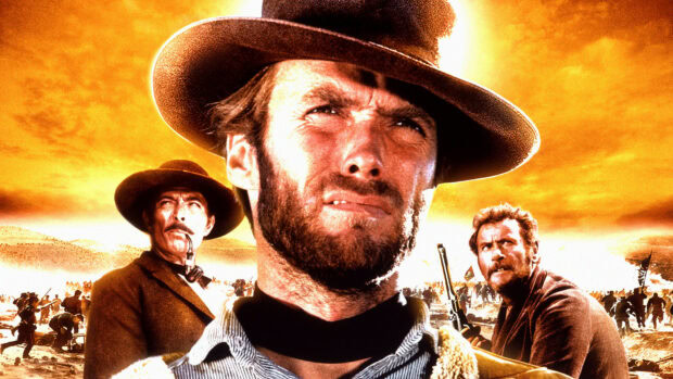 Clint Eastwood with a stern expression wearing a cowboy hat in a western battle scene