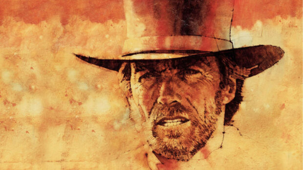Clint Eastwood portrait art in a western style with a cowboy hat and rugged expression