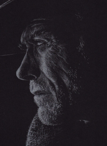 Clint Eastwood face side profile showing detailed wrinkles and beard in dark sketch style
