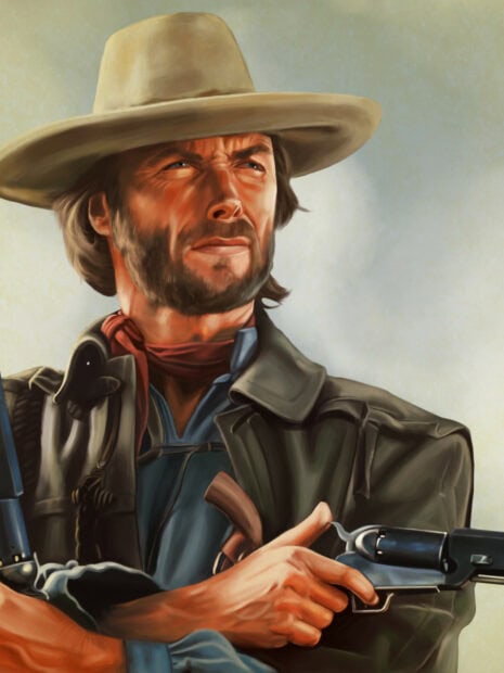 Clint Eastwood holding a rifle wearing a cowboy hat and a red scarf on his neck