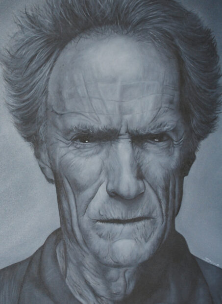 A detailed drawing of Clint Eastwood showing his intense expression and wrinkles