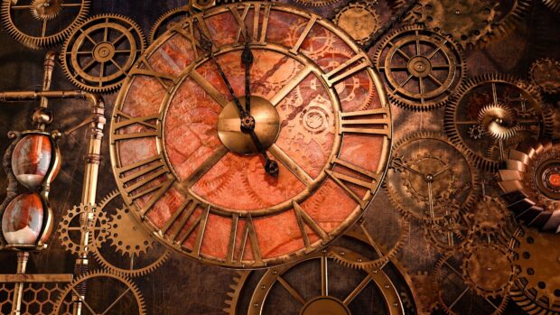 Antique clock gears with roman numerals and an hourglass in steampunk style