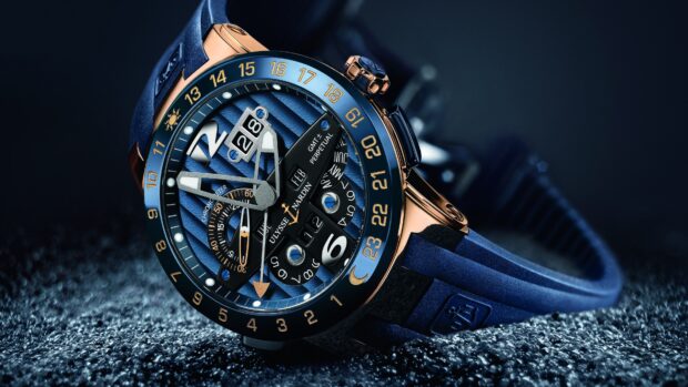 Luxury blue and gold mechanical watch displaying precise time and date features