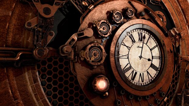Steampunk clock mechanism with visible gears and roman numerals dial in dark metallic tones
