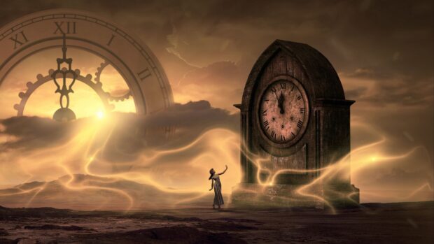 A woman standing near a giant clock in a surreal landscape with glowing light trails