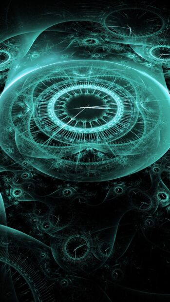 Glowing abstract clock design with intricate gears and time elements in blue light