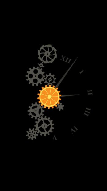 Orange gear clock mechanism shows time with Roman numerals in dark background