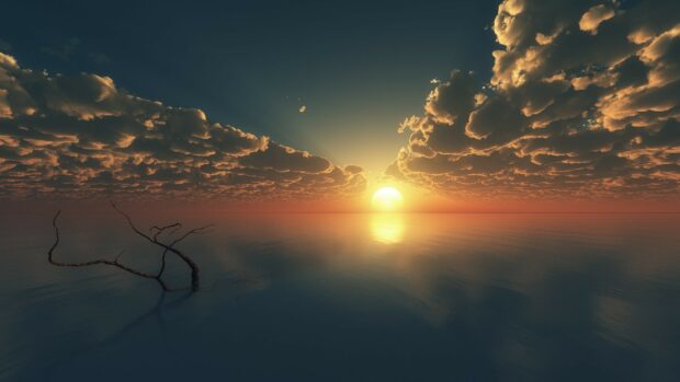 A beautiful sunset scene with clouds over a calm ocean and a bare tree branch in water