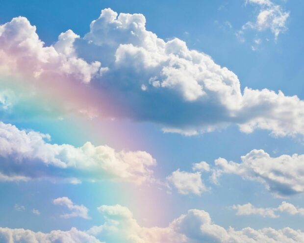 A vibrant rainbow appearing among fluffy clouds in a bright blue sky